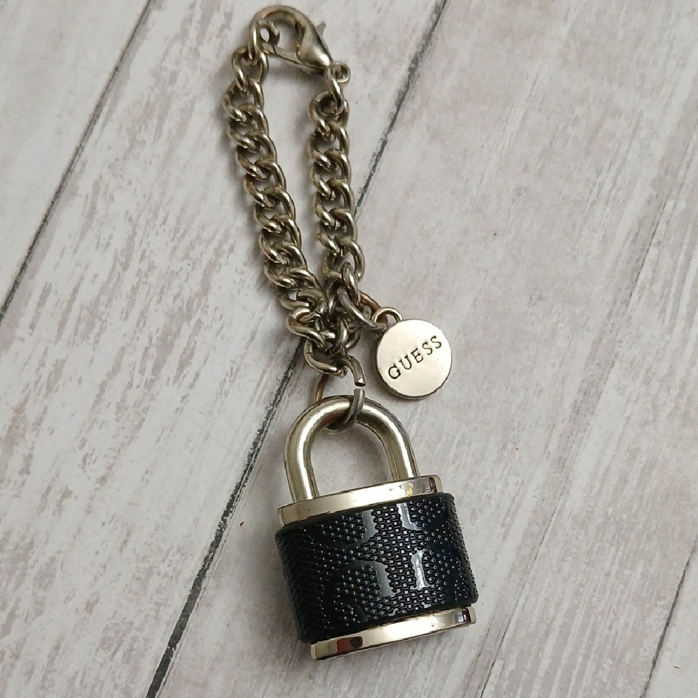 GUESS Black and Gold Padlock Charm Keychain with Logo Charm